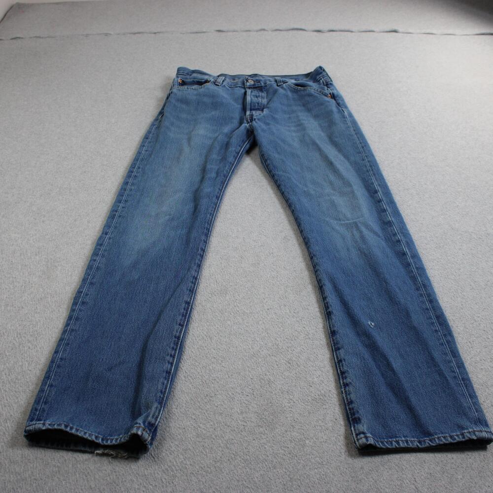 Levis 501 Jeans Men 34x34 Blue Denim Straight Button Fly Distress Heritage READ